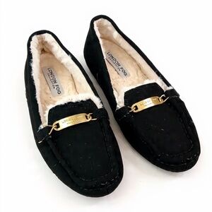 Black London Fog Velvet Slippers for Women with Gold Accents Size 7.